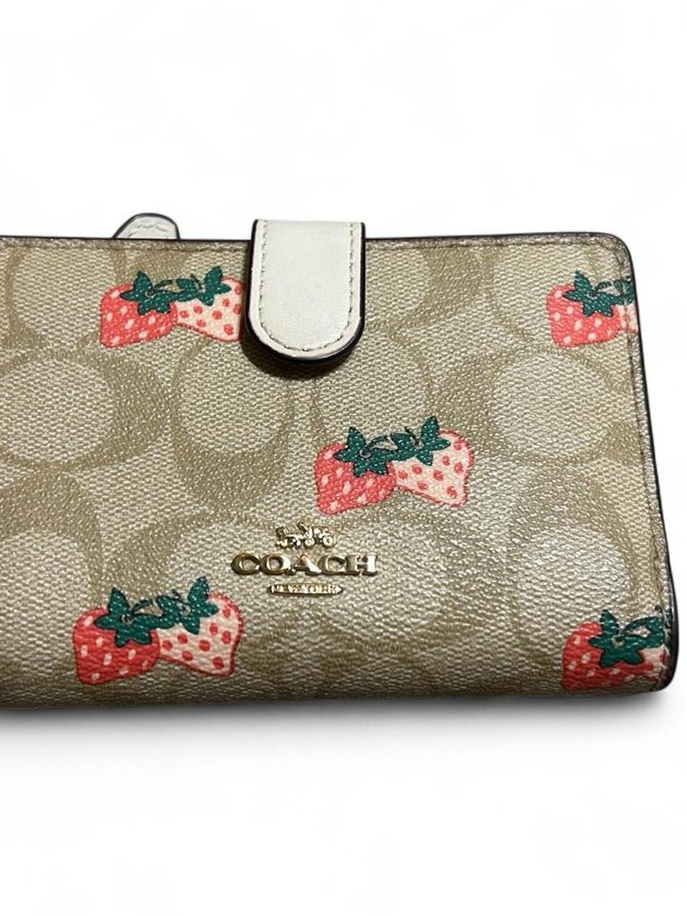 Coach Neutral Signature Canvas Wallet with Pink Strawberry Print